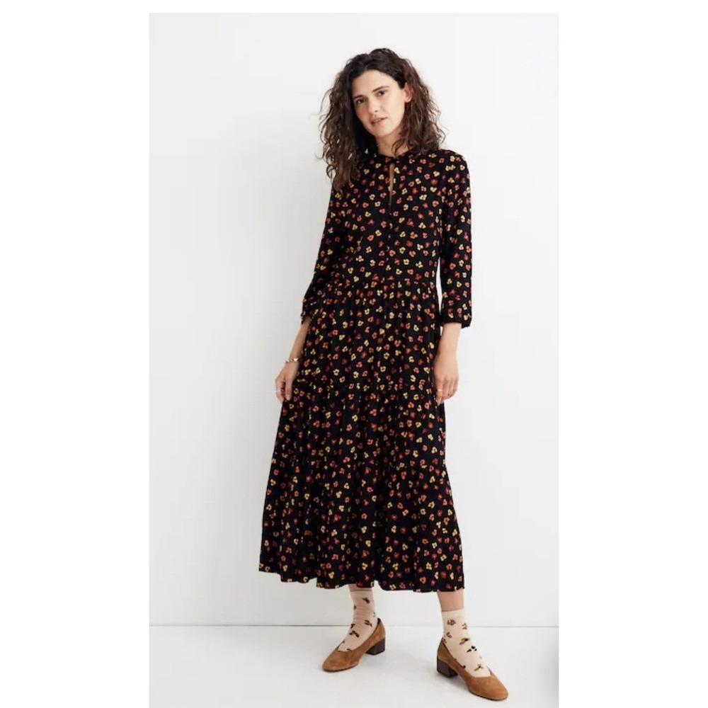 Madewell Button-Front Tier Midi Dress S Black Feline Floral Oversize Cottagecore
